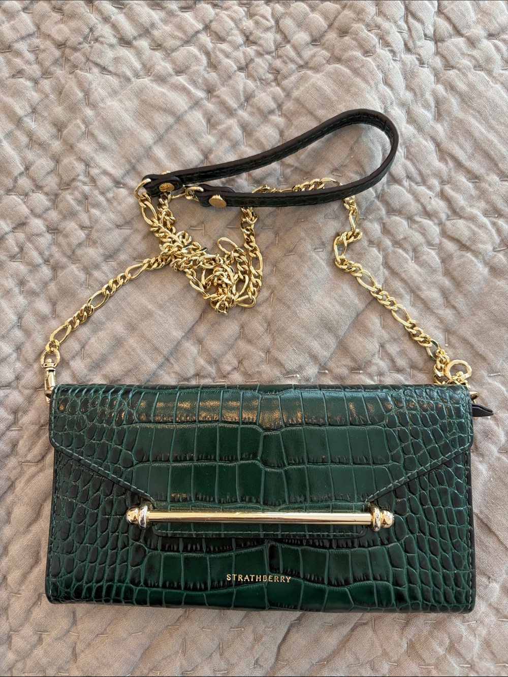 Strathberry Bottle Green Croc-Embossed Multrees Chain Wallet Crossbody - Picture 3 of 9